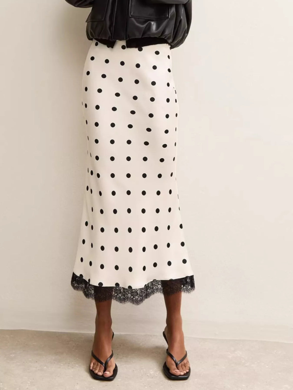 Polka Dot Midi Skirt with Lace Trim