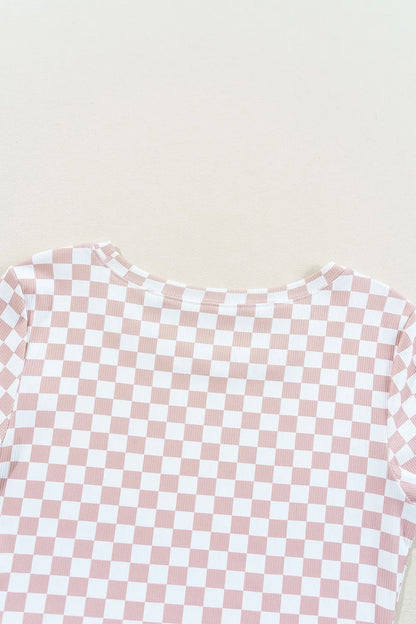 Checkered Ribbed Slim Fit Crew Neck T Shirt