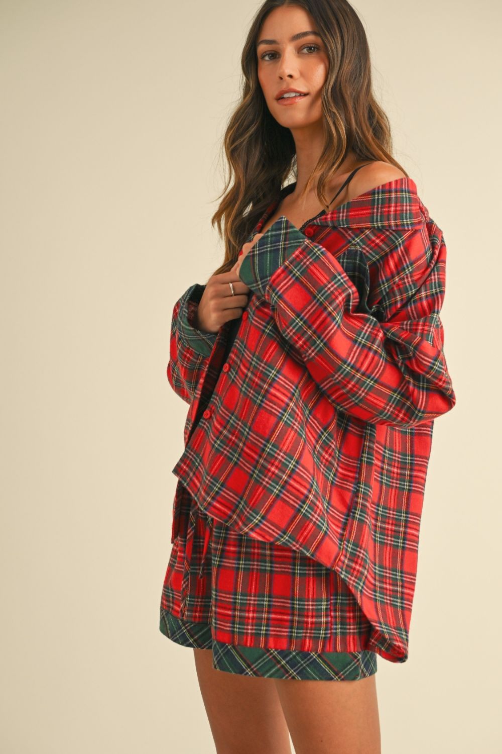 Annie Wear Contrast Plaid Long Sleeve Top And Shorts Pajama Set