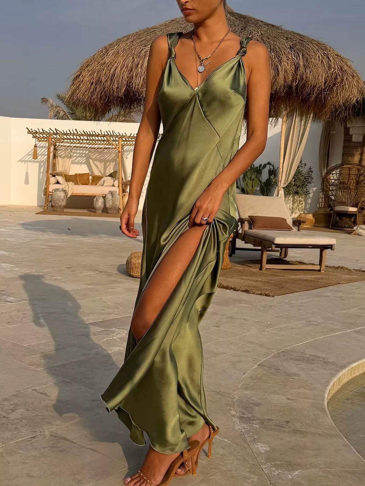 Sally's Satin V-Neck Slit Maxi Dress