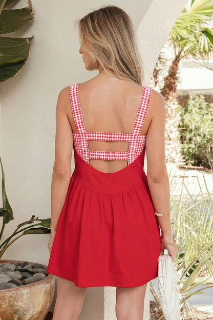 Yellow Cream Faux Two Piece Gingham Contrast Patchwork Loose Mini Dress