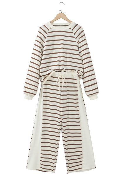 Khaki Stripe Relaxed Long Sleeve Top Color Block Detail Drawstring Pant Set