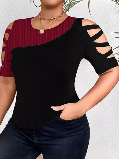 Plus Size Color Block Cutout Sleeve T-Shirt