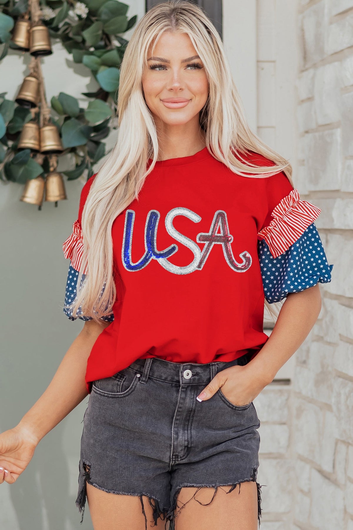 Fiery Red Sequin USA Lettering Patriotic Contrast Splicing Sleeve Top
