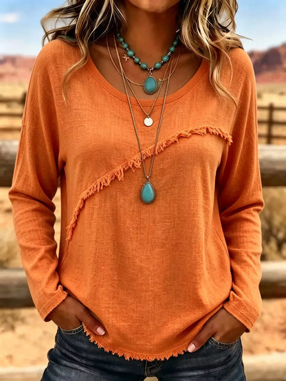 Plus Size Fringe Long Sleeve Top | Relaxed Casual T-Shirt