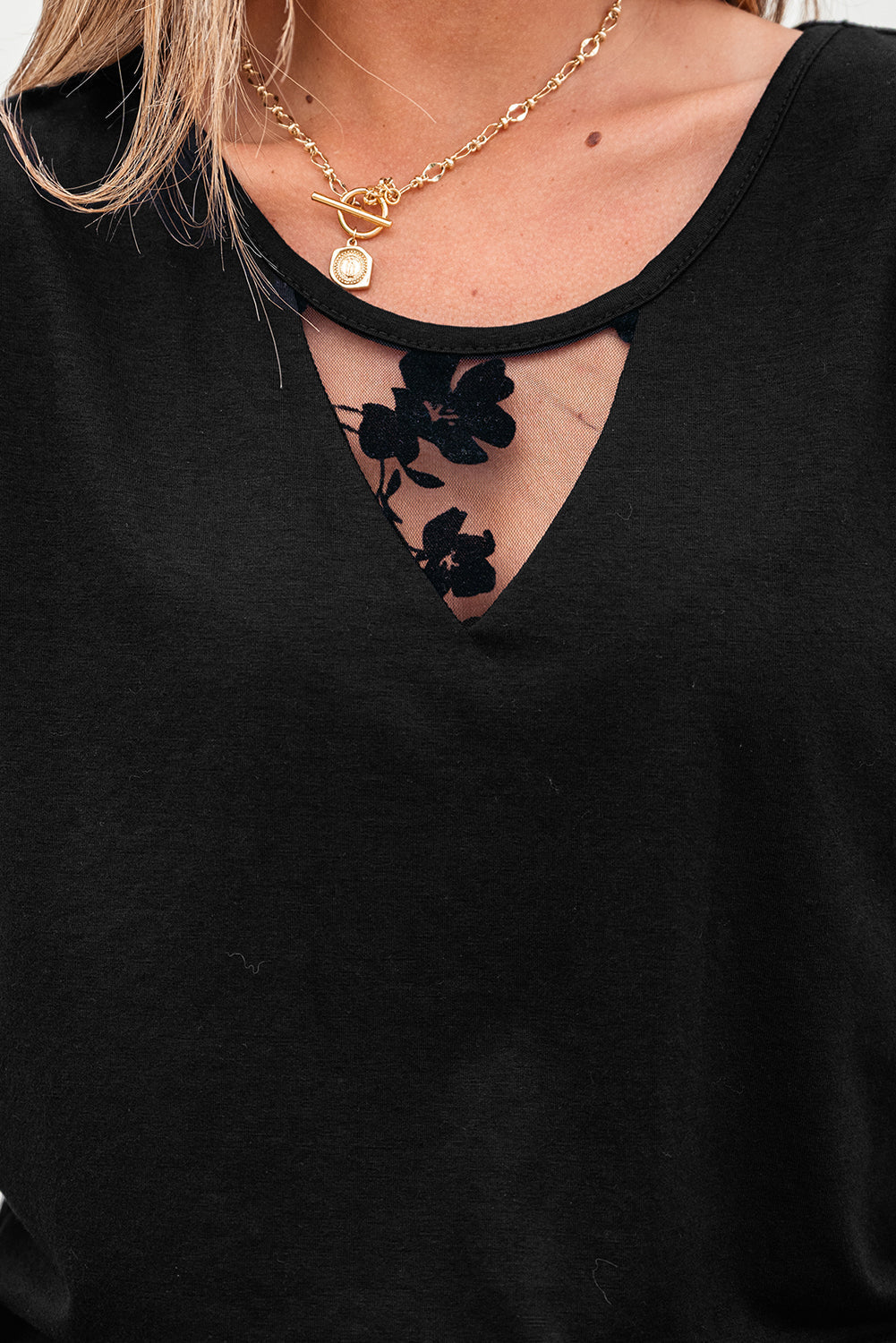 Black Flora Lace Patchwork Crew Neck T Shirt