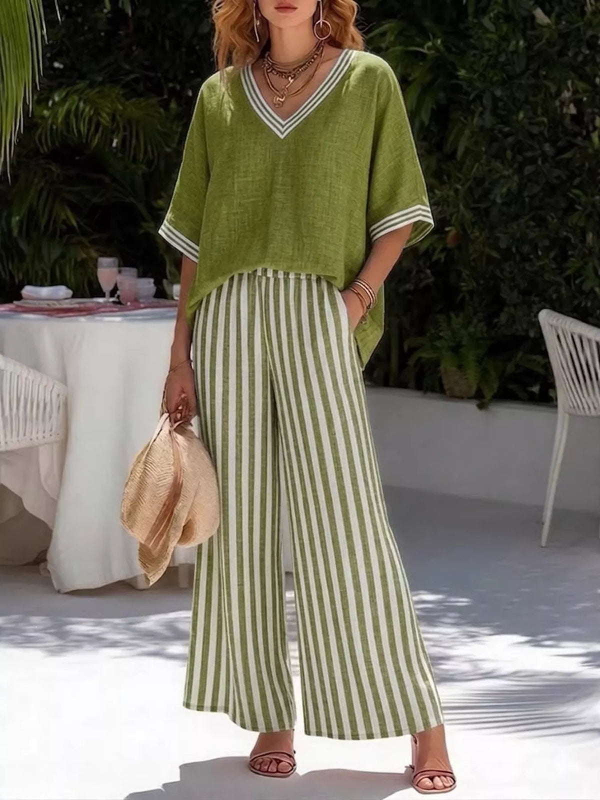 Striped Two-Piece Pants Set with V-Neck Top | S–3XL