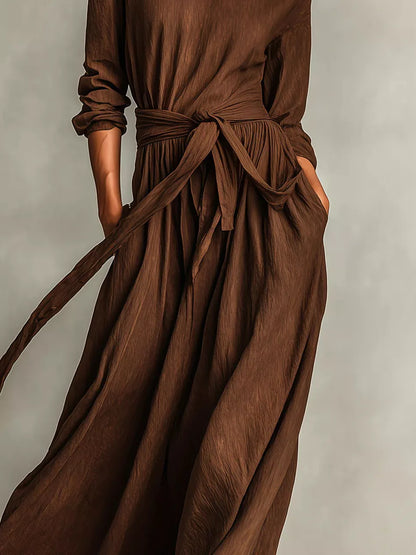 Full Size Long Sleeve Tie Waist Maxi Dress Plus Size