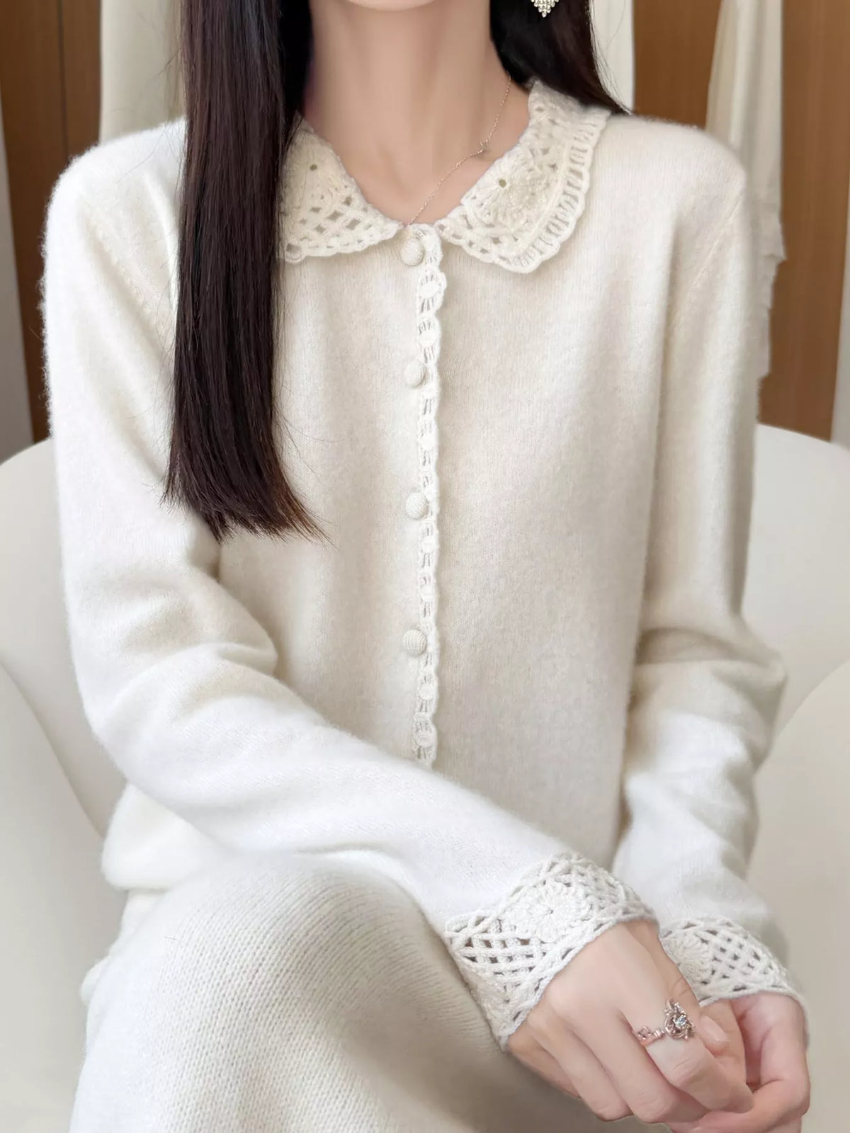 Lace-Collar Button Down Knit Cardigan