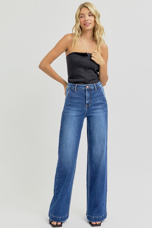 Risen Full Size High Rise Wide Leg Jeans With Slanted Pockets