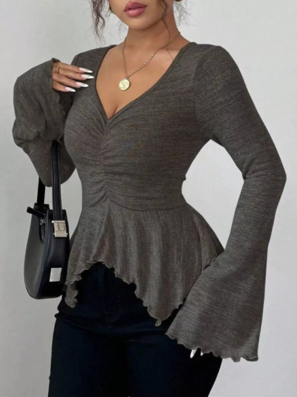 Ruched Flared Sleeves Peplum T-Shirt
