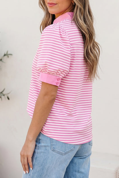 Pink Stripe Color Block Detail Split Neck Short Sleeve Blouse