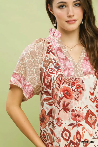 Umgee Mixed Print V-Neck Short Sleeve Top