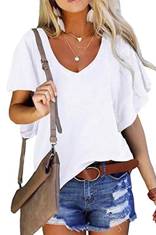 V Neck Ruffle Sleeves Loose T Shirt White