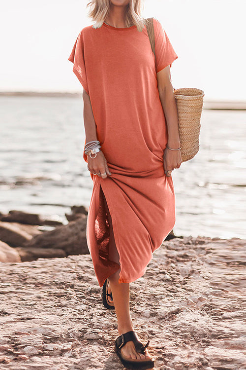 Solid Short Sleeve Side Split Maxi Casual Dress