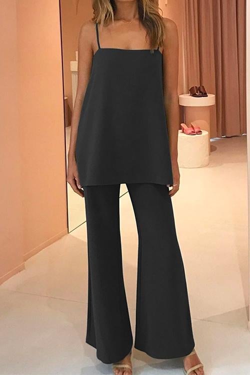 Solid Cami Top Wide Leg Pants Set Black