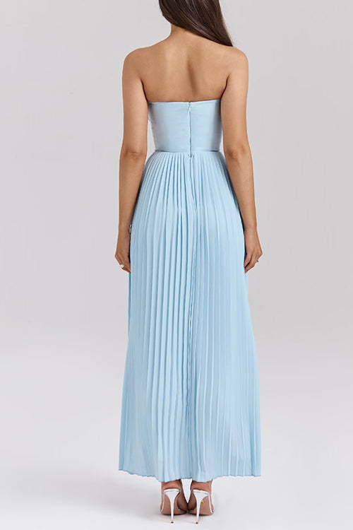 Strapless V Neck Pleated Corset Maxi Party Dress