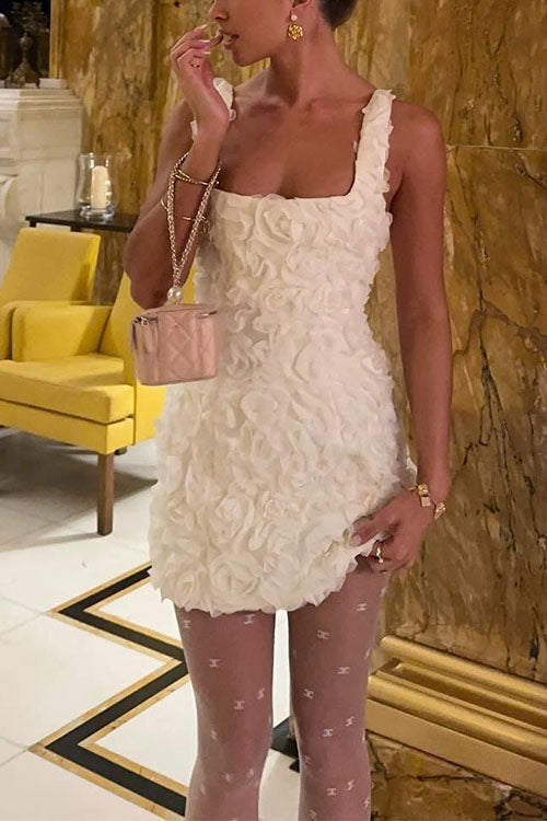 Chic Square Collar 3D Roses Sleeveless Mini Dress White