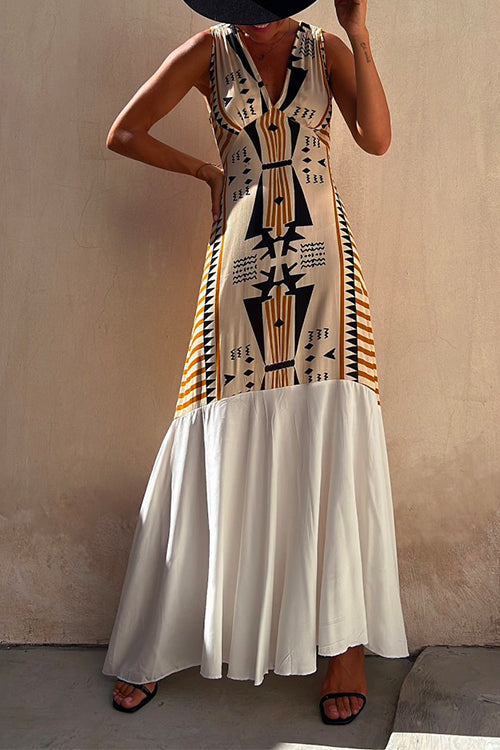 Sleeveless V Neck Printed Splice Maxi Swing Dress Yellow