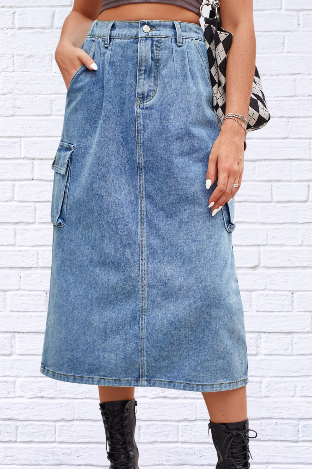 Slit Buttoned Denim Skirt with Pockets Dusty Blue