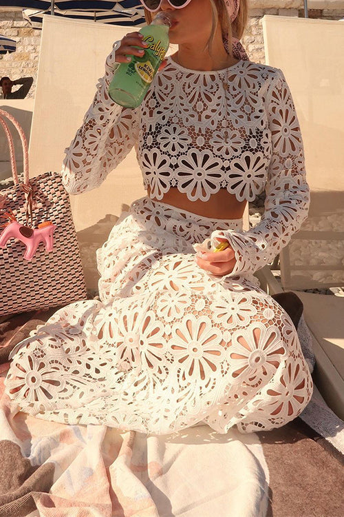 Crochet Lace Cover-up Crop Top and Maxi Skirt Vacation Set
