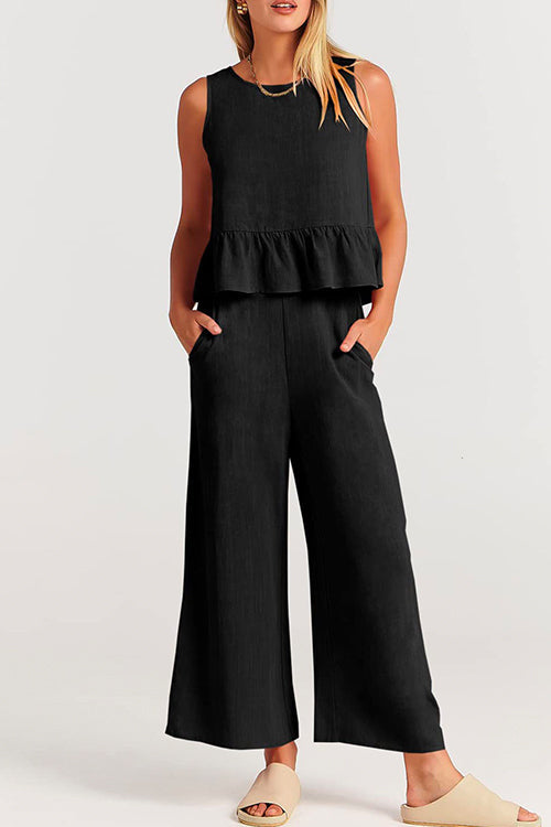 Crewneck Ruffle Tank Top Wide Leg Pockets Pants Set Black