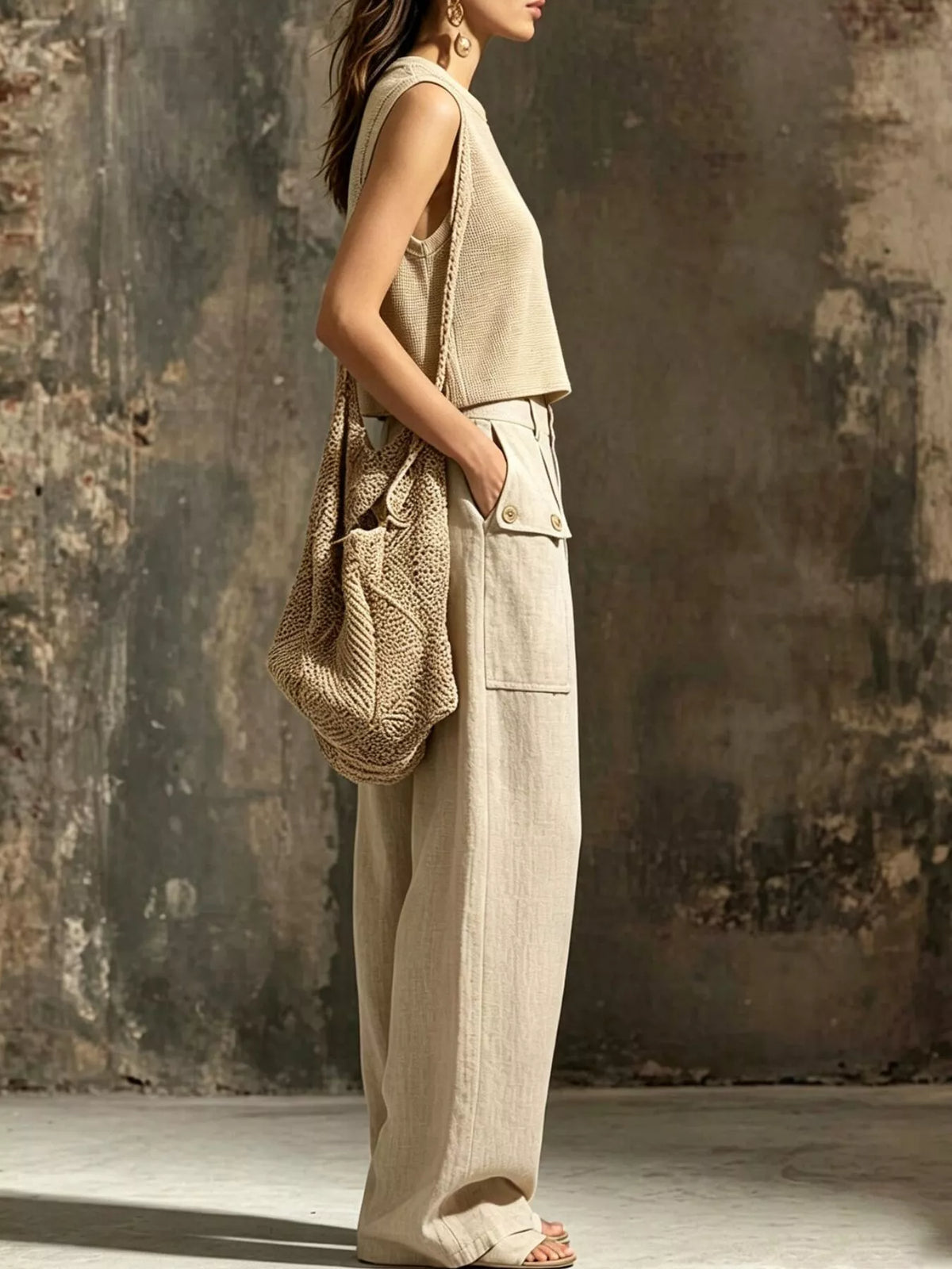 Sleeveless Crop Top and High-Waisted Wide-Leg Cargo Pants Set