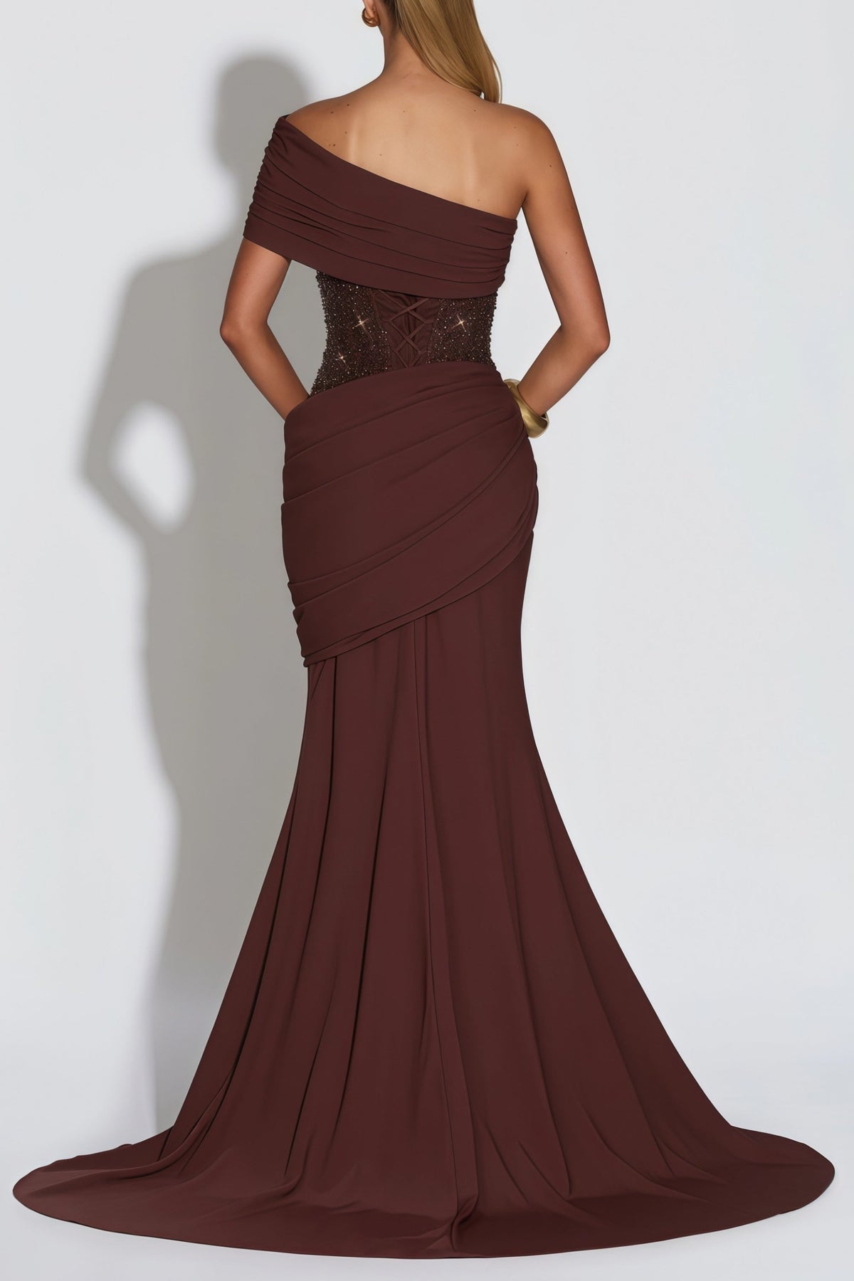 Giada Brown Sequined Asymmetrical Ruched Maxi Gown
