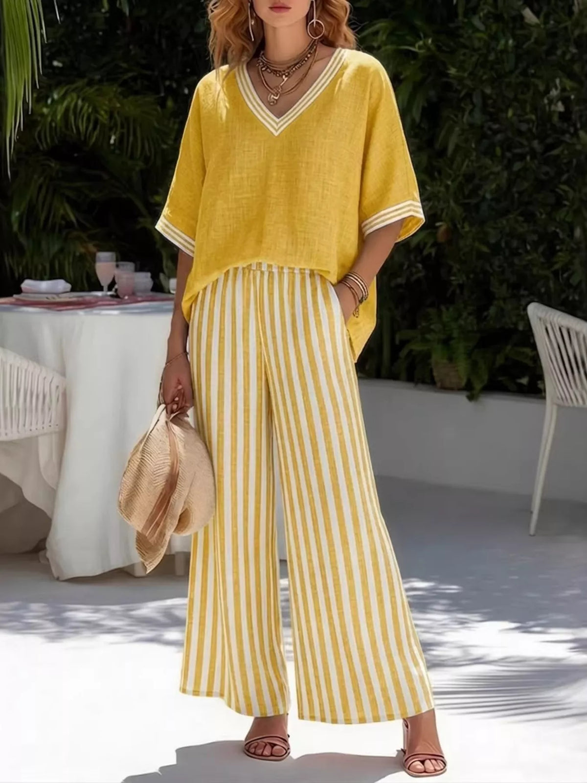 Striped Two-Piece Pants Set with V-Neck Top | S–3XL