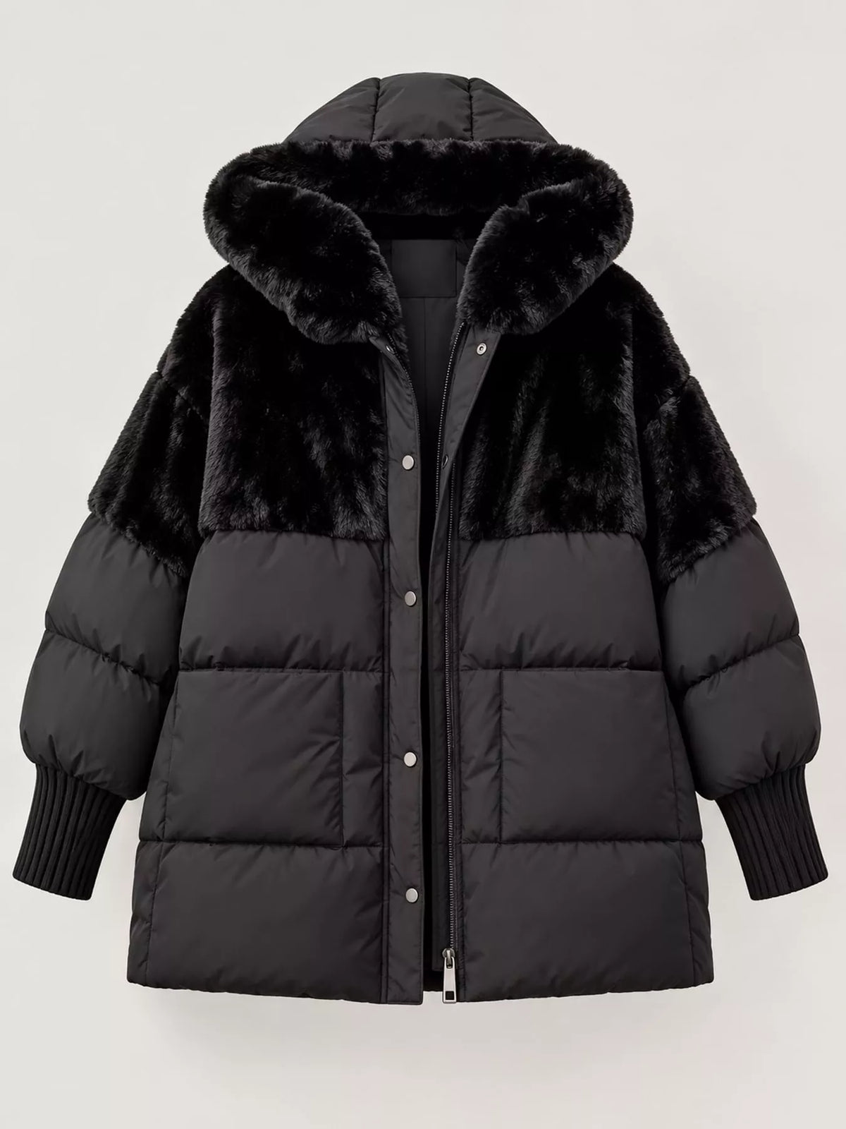 Full Size Faux Fur Hooded Puffer Outerwear Plus Size