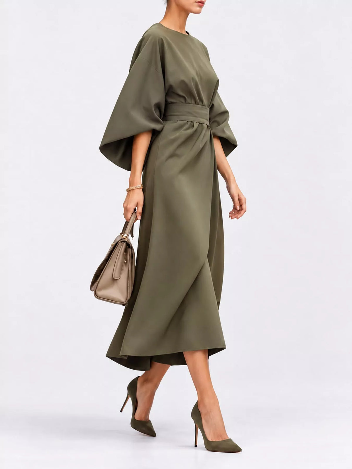 Full Sleeve Kimono Sleeves Round Neck Midi Dress Plus Size