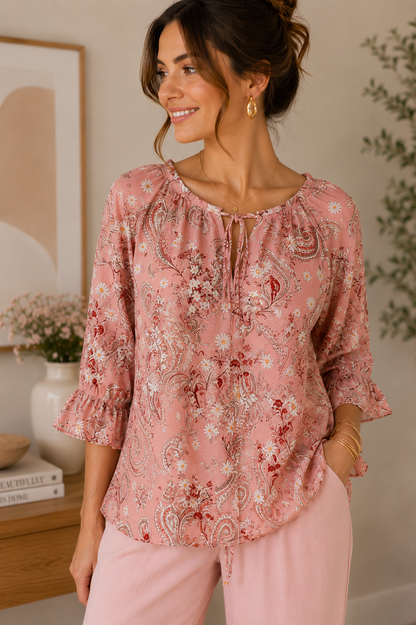 Blush Paisley Floral Blouse for Women | Boutique Top