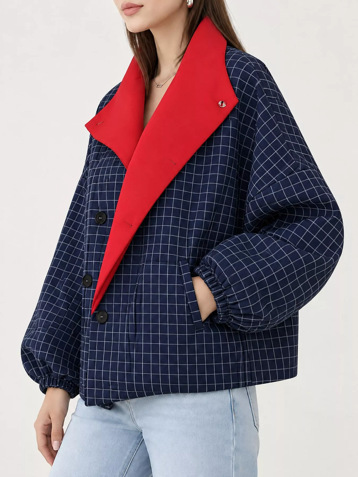Contrast Lapel Plaid Casual Jacket