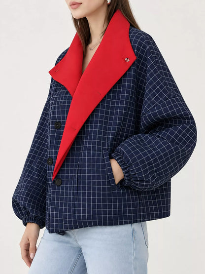 Contrast Lapel Plaid Casual Jacket