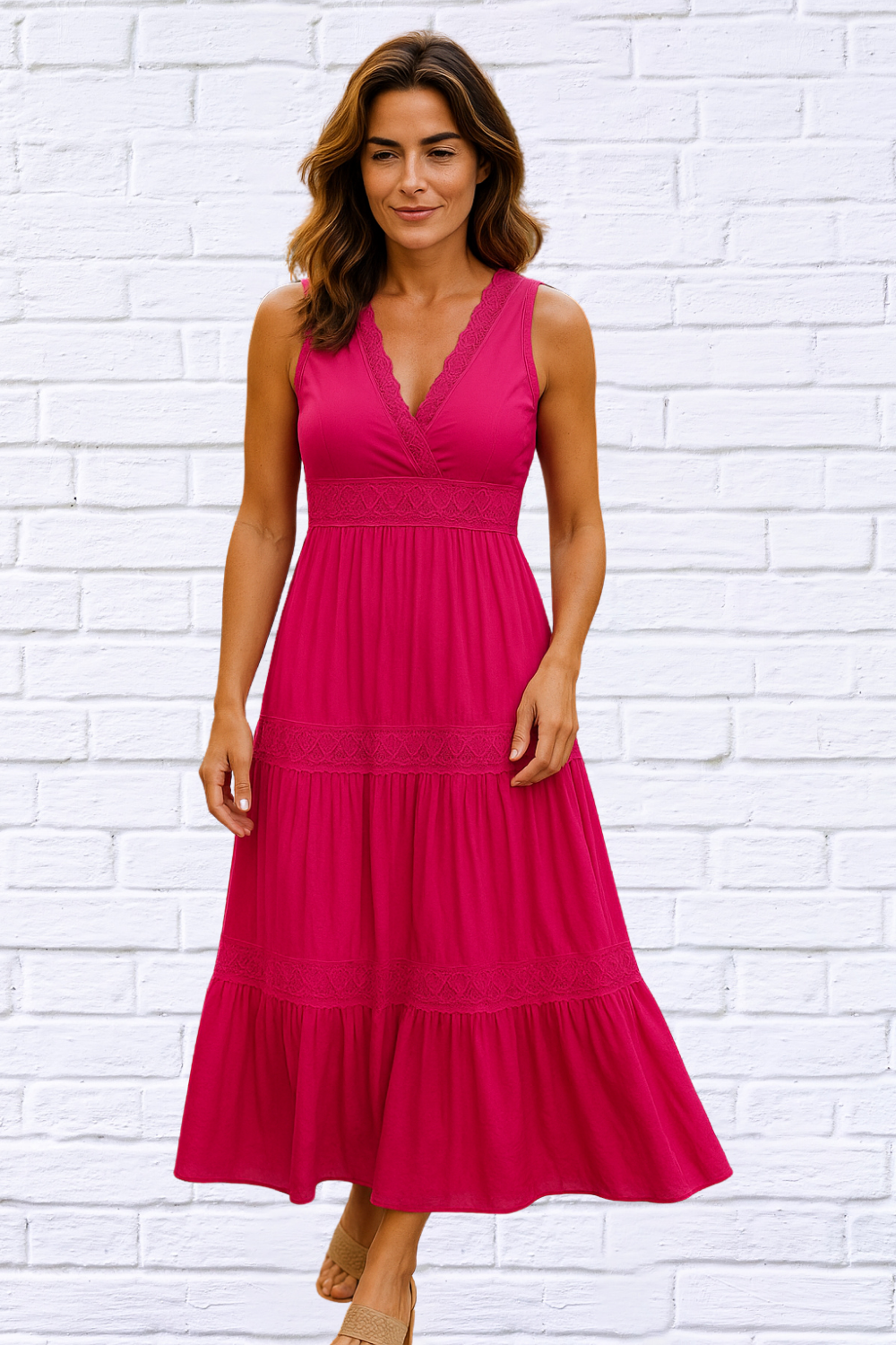 Hot Pink Lace Trip Ruffle V Neck Maxi Dress