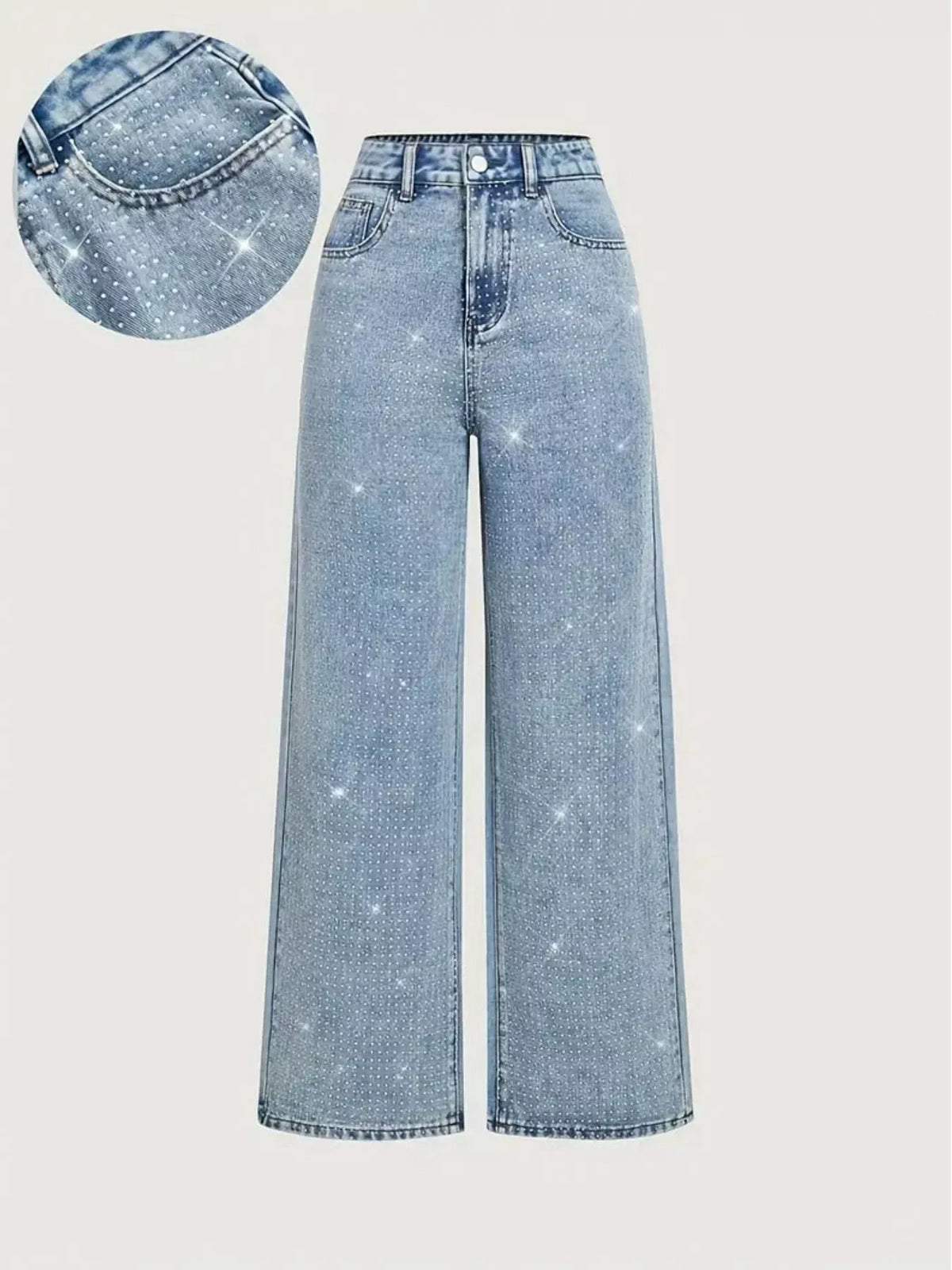High-Waisted Rhinestone Wide-Leg Jeans