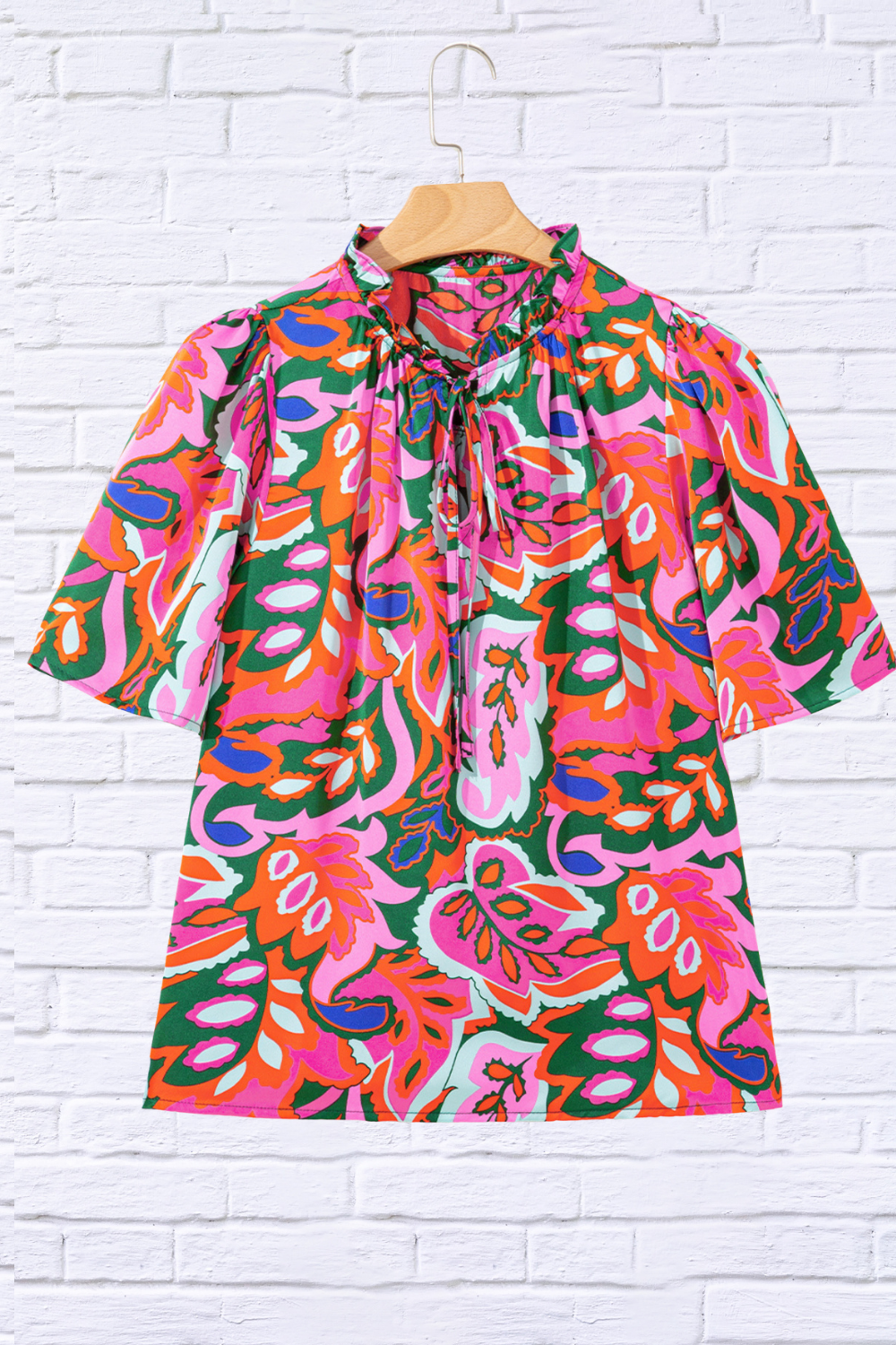 Tropical Print Short Sleeve Tie Neck Blouse – Multicolor