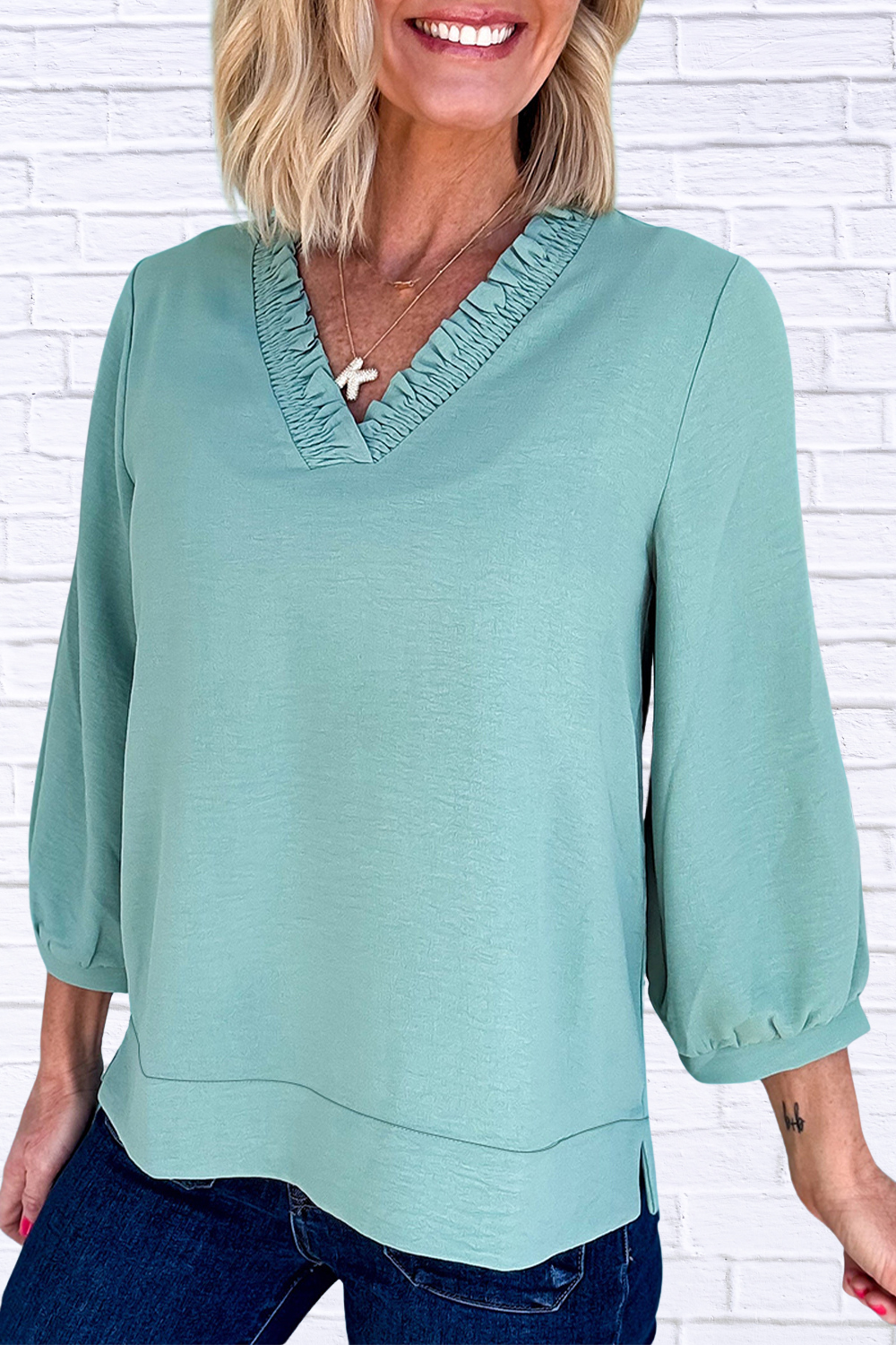 Frill Trim V-Neck Blouse Sage