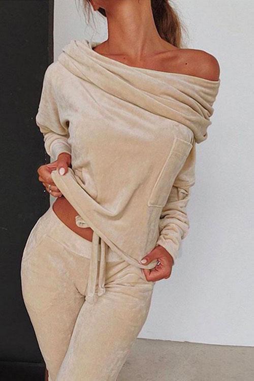 Keeley Off Shoulder Drawstring Top Long Pants Set Khaki