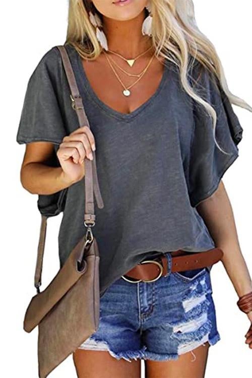 V Neck Ruffle Sleeves Loose T Shirt Gray
