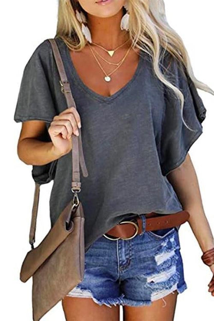 V Neck Ruffle Sleeves Loose T Shirt Gray