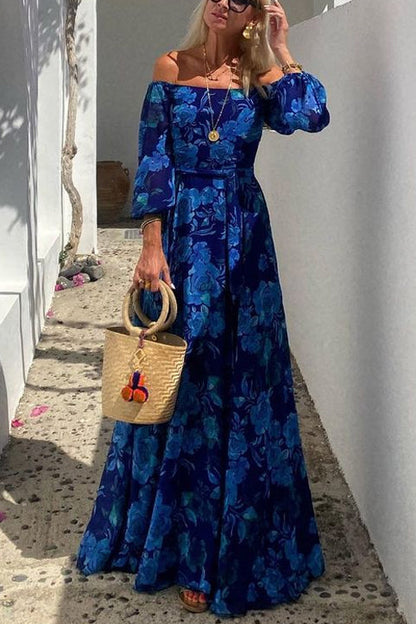 Off Shoulder Waisted Floral Maxi Swing Dress Blue