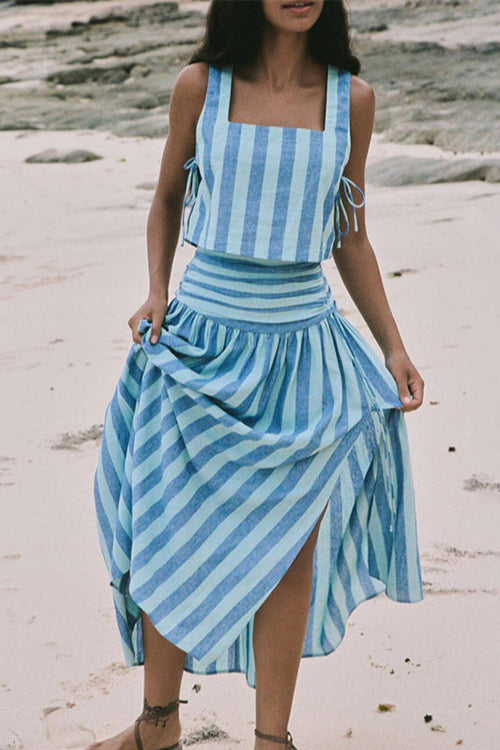 Striped Square Collar Crop Tank Top and Slit Maxi Skirt Set Blue