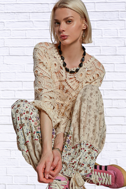POL Round Neck Weave Knit Pattern Cropped Cover Up