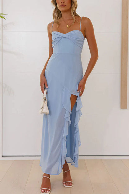 Adjustable Strap Ruffle High Slit Maxi Dress