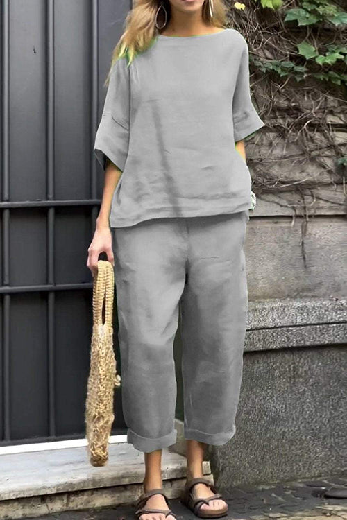 Cotton Linen Half Sleeves Pullover Top Wide Leg Tapered Pants Set Gray