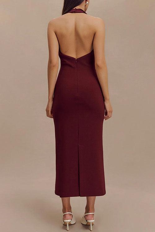 Halter V Neck Backless Buttons Bodycon Midi Dress