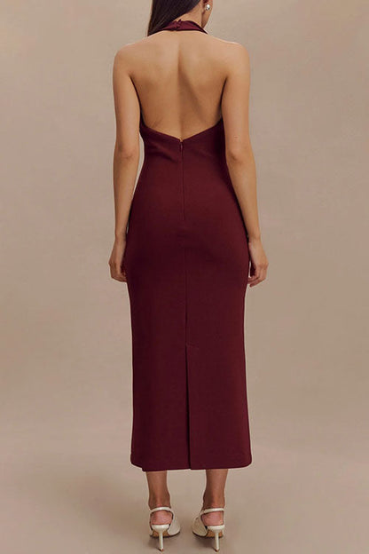 Halter V Neck Backless Buttons Bodycon Midi Dress