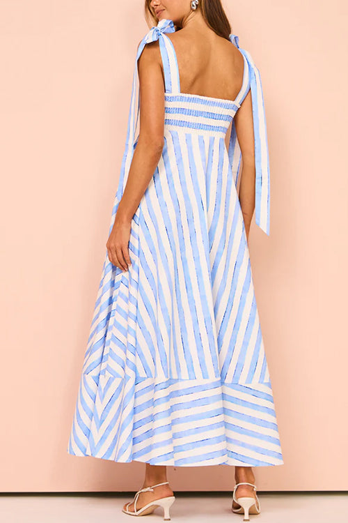 Pocketed Bow Shoulder Striped Swing Maxi Cami Dress