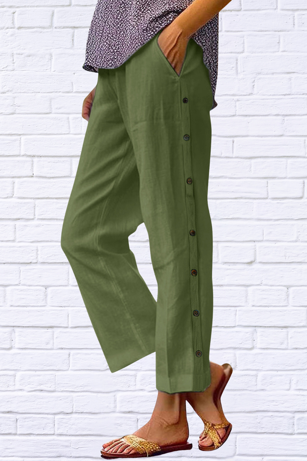 Full Size Side Decor Button Casual Wide Leg Pants Plus Size Green